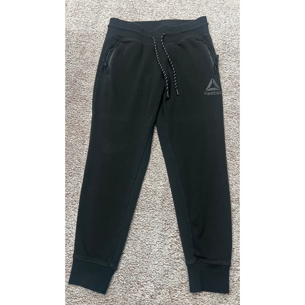 Reebok Mens S Black Fleece Jogger Sweatpants Zipper Pockets Tapered Athletic